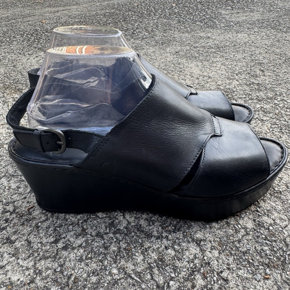BORN Emmy Platform 4" Wedge‎ Cross Strap Women's Sz 11 M Black Leather Sandals - Picture 3 of 12